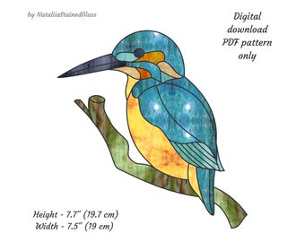 Kingfisher stained glass pattern Digital download PDF Bird suncatcher window hanging