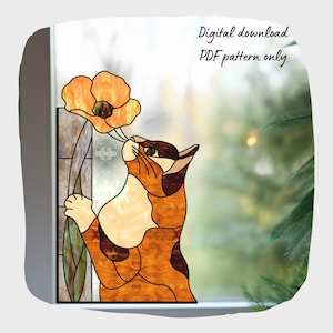 Cat with flower corner stained glass pattern.