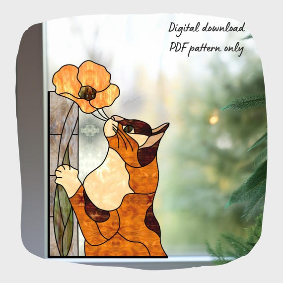 Cat Stained Glass Pattern, Animal Suncatcher Corner, Poppy Flower, Digital Download, Glass Home Decor