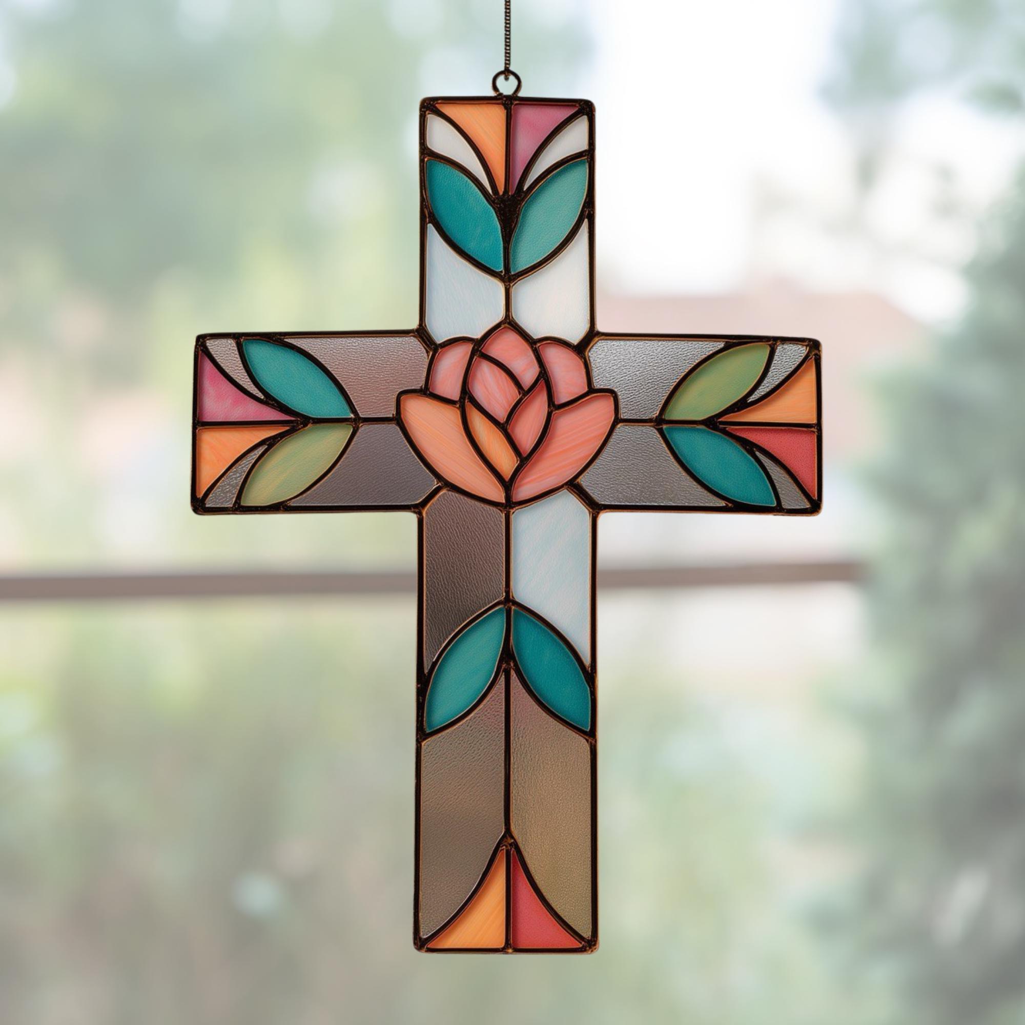 Rose Cross Stained Glass Pattern, DIY Home Decor (digital Download