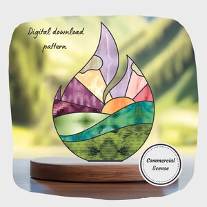 Commercial License, Flame Landscape Stained Glass Pattern, Digital Download, DIY Suncatcher Home Decor
