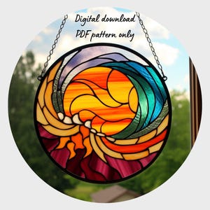 Sunset Sea Waves Stained Glass Pattern, Digital Download, DIY Suncatcher Home Decor