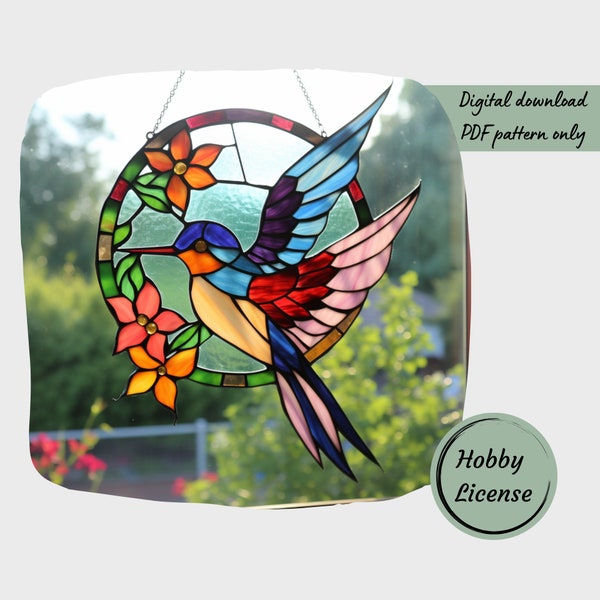 Hummingbird Stained Glass Pattern, Bird Stained Glass Pattern, Digital Download Pattern, DIY Suncatcher for Home Decor