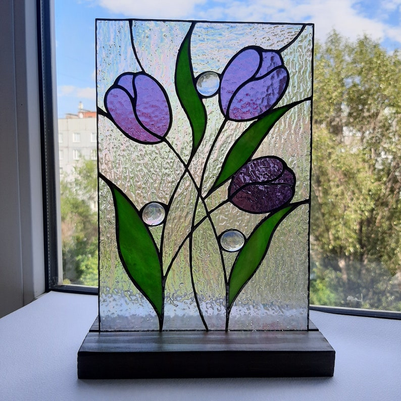 Purple tulips stained glass window decor Suncatcher flower Etsy