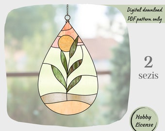 Pflanzen-Buntglas-Muster, Sonnenuntergang-Buntglas-Muster, digitaler Download-Muster, DIY Suncatcher Home Decor