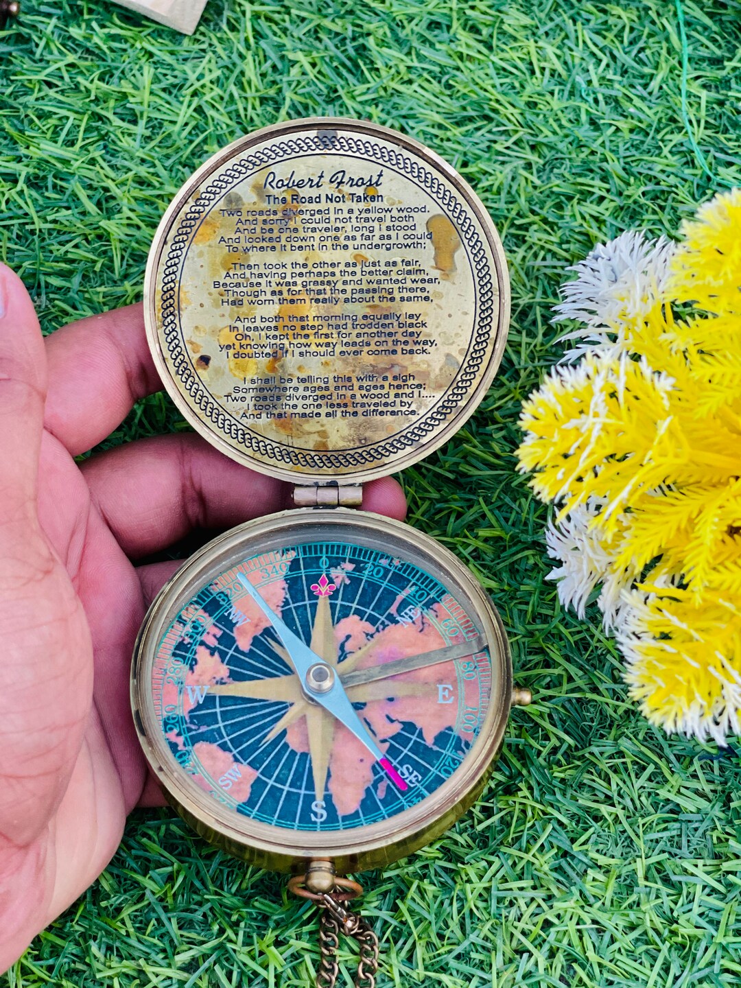 Personalized Engraved Brass Sundial Compass With Wooden Box Etsy