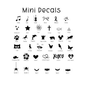 May include: A collection of black mini decals arranged in a grid, featuring icons like a musical note, violin, star, sun, cross, paw print, horse, dolphin, turtle, bear, squirrel, bull, cat, raccoon, chicken, cardinal, butterfly, heart, and bats.