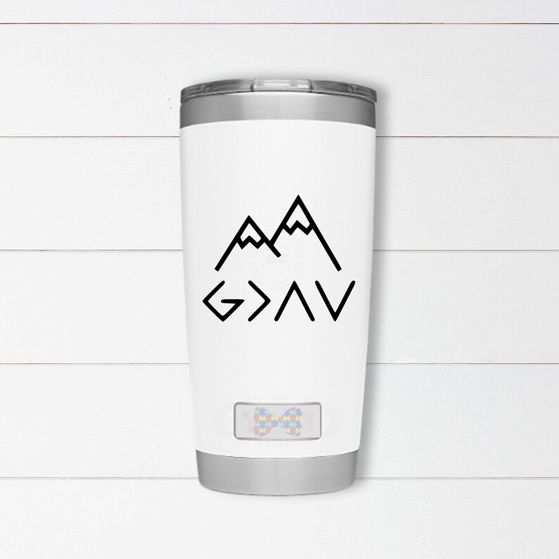 May include: White stainless steel tumbler with a black mountain range graphic and the text "G>A>V" in black.
