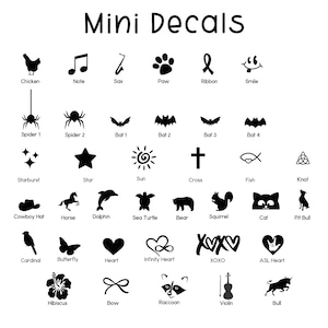 May include: A sheet of black mini decals with various designs, including animals, musical notes, and symbols. The text "Mini Decals" is at the top. Designs include a chicken, star, heart, and violin.