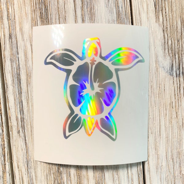 Turtle Decal, Sea Turtle Hibiscus Flower Decal, Holographic Turtle Decal, Tortoise Decal, Car Decal, Gift for Turtle Lover