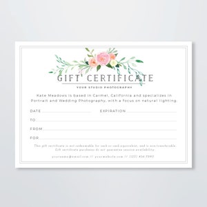 Modèle de certificat-cadeau de photographie - Modèle de carte-cadeau - Branding de photographe de mariage - Modèle de photographie de nouveau-né - Portrait de famille