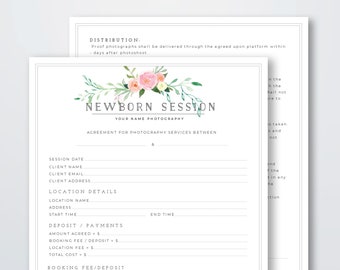Newborn Photography Contract Template - Photographer Branding Form Client Contract - Newborn Sessions Template Photoshop PSD Pink Floral