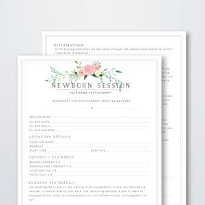 Newborn Photography Contract Template - Photographer Branding Form Client Contract - Newborn Sessions Template Photoshop PSD Pink Floral