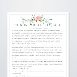 May include: A pink and green floral design adorns the top of a white document titled "Minor Model Release". The document is a legal form for a photography studio to obtain permission from a minor's parent or guardian to use images of the minor for commercial purposes.