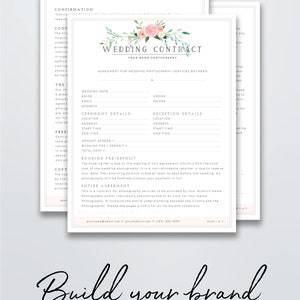 Peut inclure: Un mod&egrave;le de contrat de mariage avec des accents floraux. Le contrat comprend des sections pour la date du mariage, les informations sur la mari&eacute;e et le mari&eacute;, les d&eacute;tails de la c&eacute;r&eacute;monie et de la r&eacute;ception, les frais de r&eacute;servation et le d&eacute;p&ocirc;t, ainsi qu'une section d'accord complet.