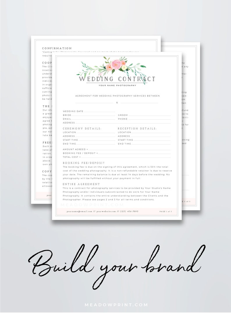 Peut inclure: Un mod&egrave;le de contrat de mariage avec des accents floraux. Le contrat comprend des sections pour la date du mariage, les informations sur la mari&eacute;e et le mari&eacute;, les d&eacute;tails de la c&eacute;r&eacute;monie et de la r&eacute;ception, les frais de r&eacute;servation et le d&eacute;p&ocirc;t, ainsi qu'une section d'accord complet.