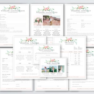 Peut inclure: Un ensemble de documents de planification de mariage imprimables avec des illustrations florales. Les documents comprennent un questionnaire de mariage, un calendrier, un contrat, une facture, un certificat cadeau et des informations sur les mini-sessions.
