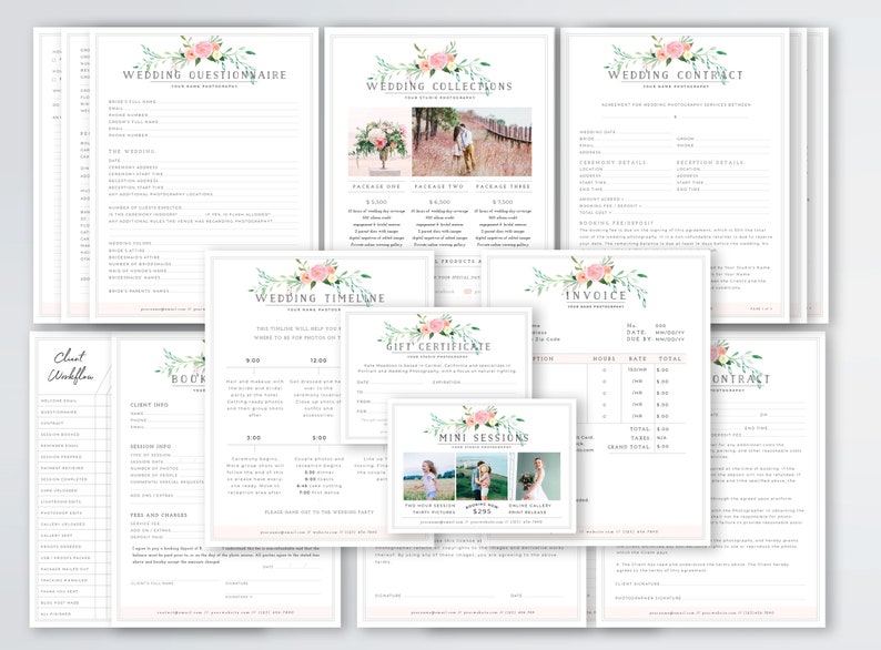 Peut inclure: Un ensemble de documents de planification de mariage imprimables avec des illustrations florales. Les documents comprennent un questionnaire de mariage, un calendrier, un contrat, une facture, un certificat cadeau et des informations sur les mini-sessions.