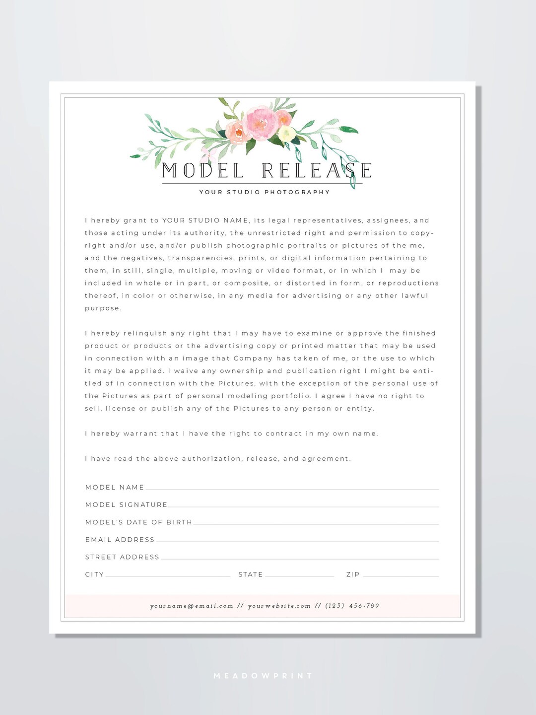 Model Release Form Template - Photography Model Release Form ...