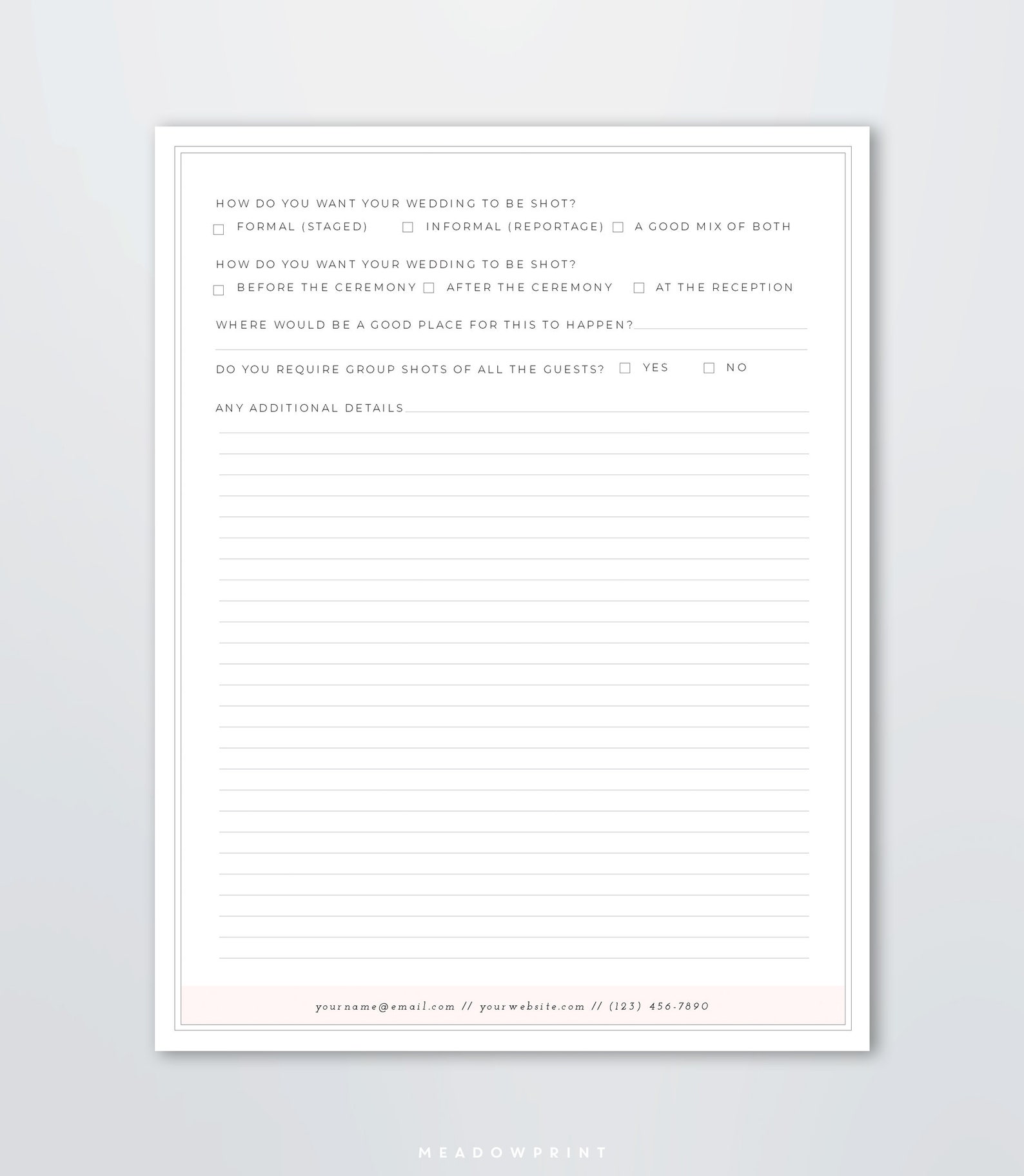 Wedding Photography Questionnaire Template Pre Wedding Consultation Client Questionnaire Wedding