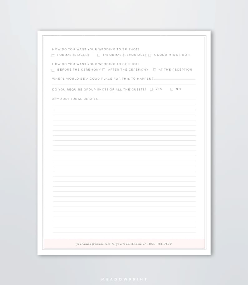 Wedding Photography Questionnaire Template Pre Wedding Etsy