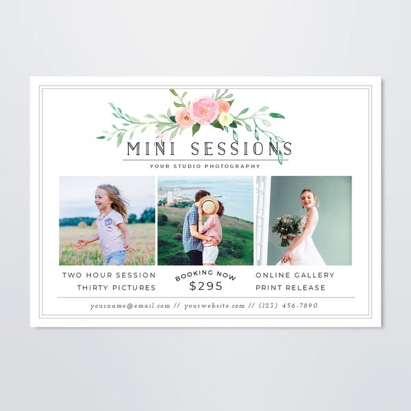 Plantilla de mini sesiones florales - Mini sesiones de fotografía Tablero de marketing de minis florales - Mini fotógrafo de primavera Mini sesiones de fotos de verano