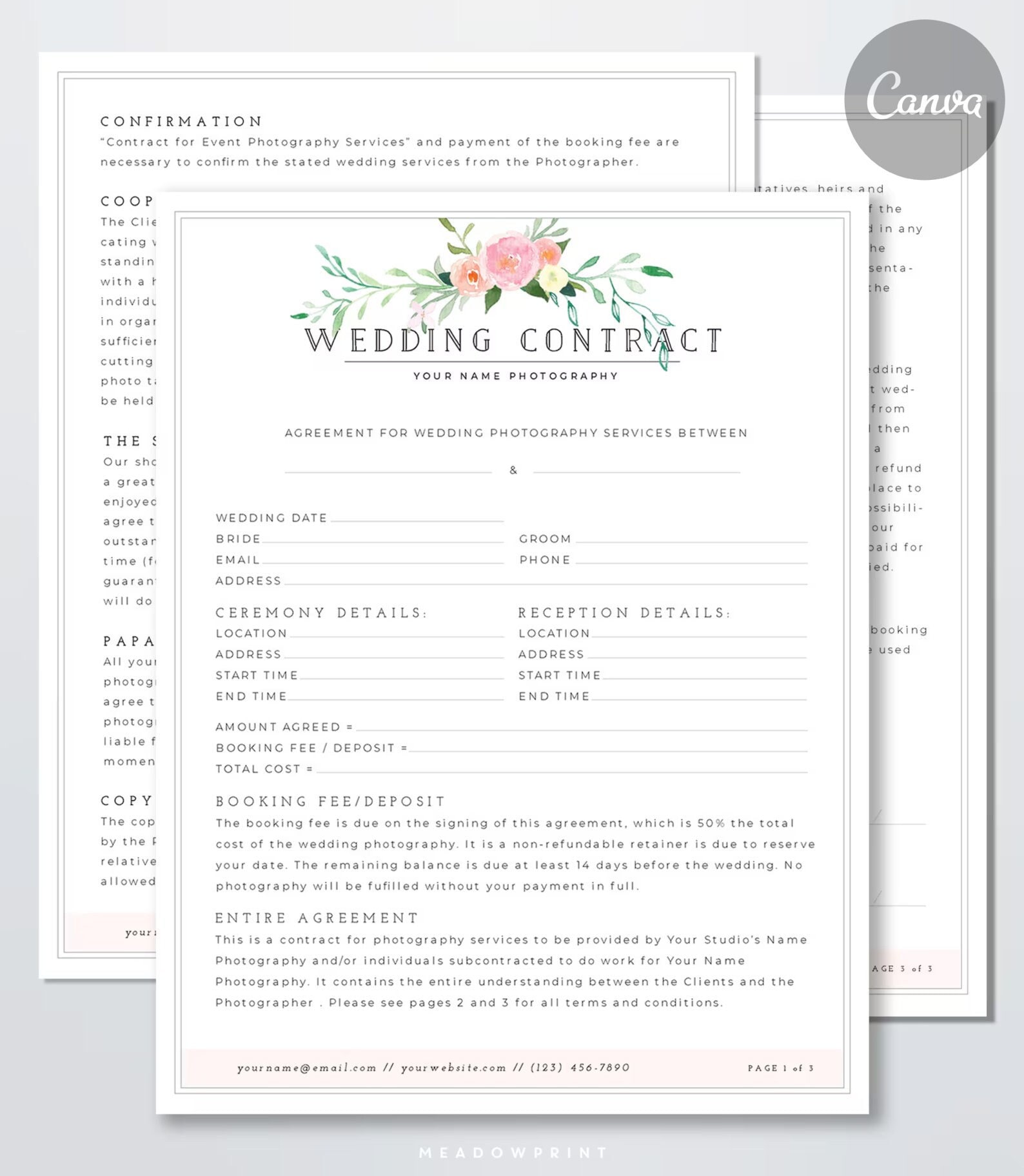 Wedding Photography Contract Template - Client Booking Form Contract CANVA Wedding Contract Template Wedding Photographer Contract Template