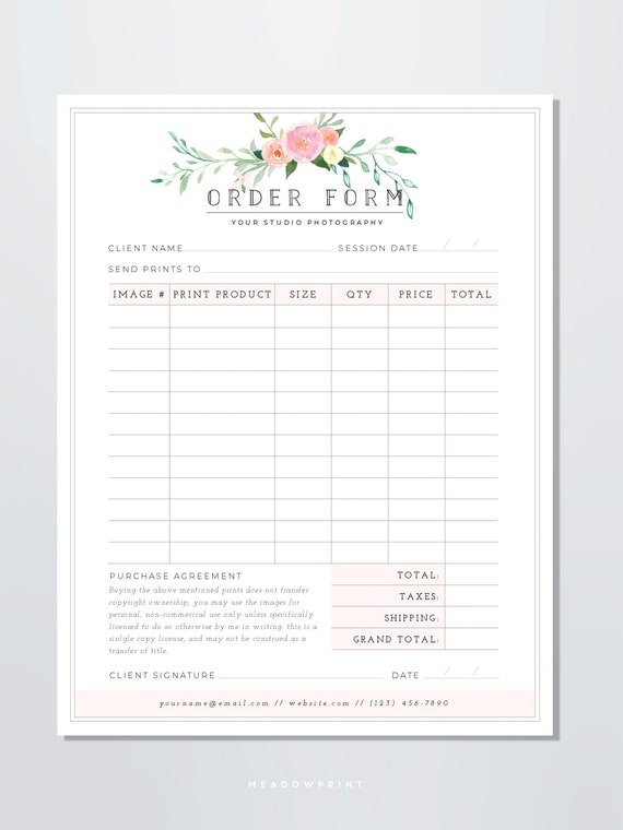 Photography Order Form Template Photography Print Order Form Etsy