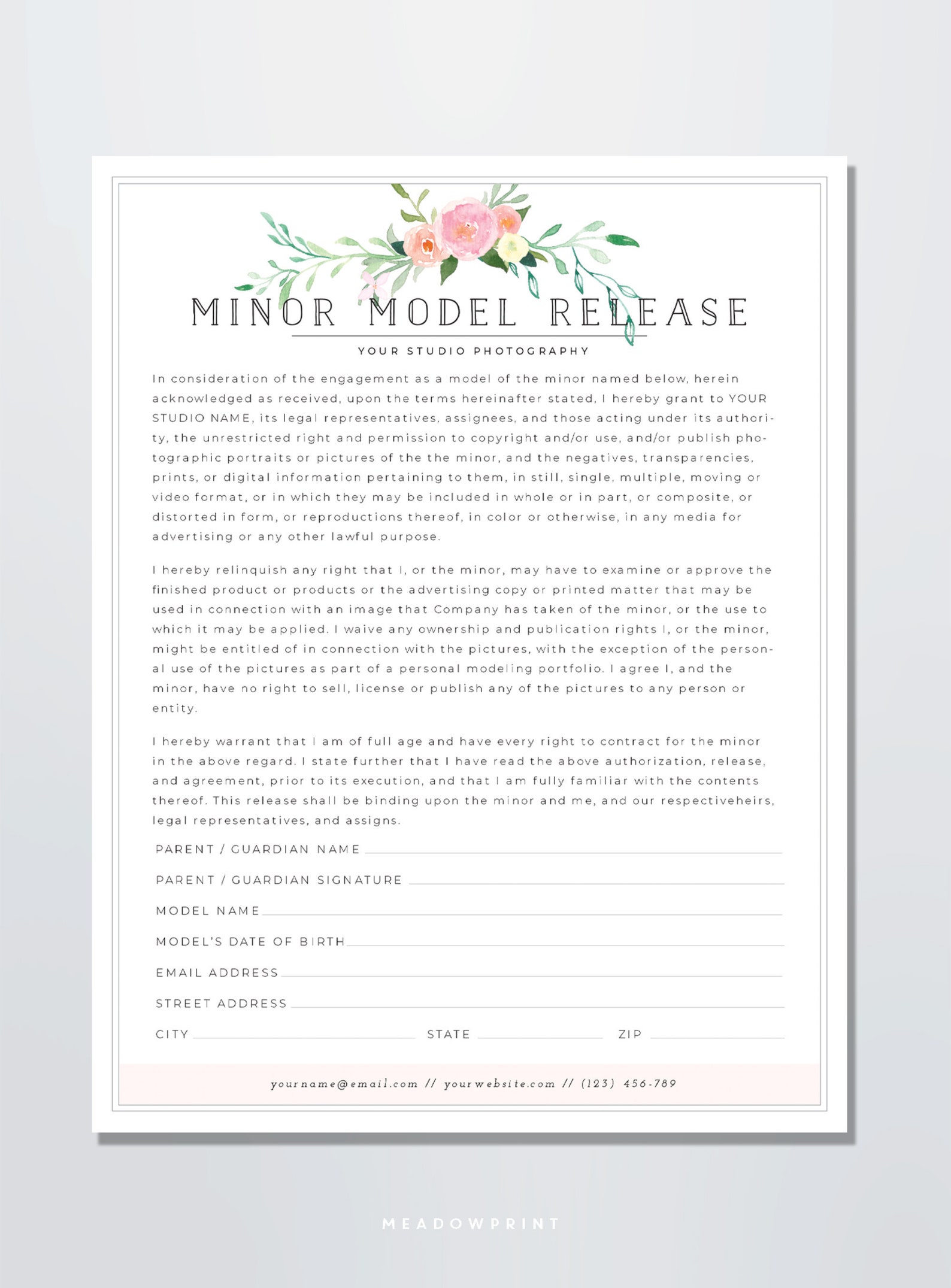 Minor Model Release Form Photo Model Release Template Family