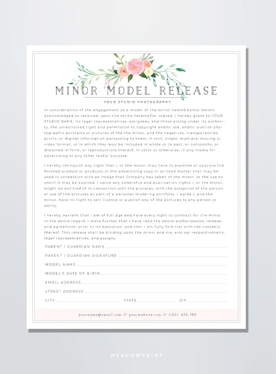 Minor Model Release Form - Photo Model Release Template - Family Photography Release Form for Minors - Photographer Model Release Contract