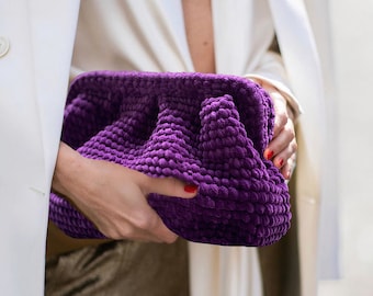 Handmade Velvet Bag, Evening Crochet Pouch Bag, Knitted Clutch Bag