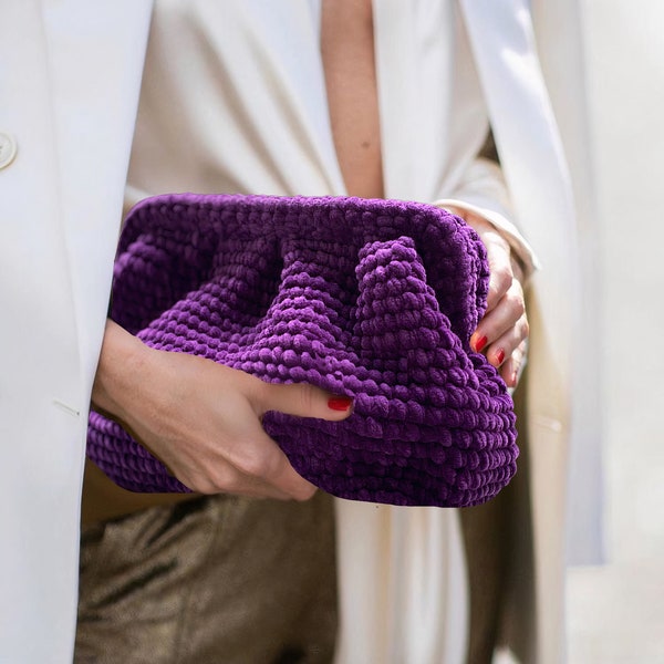 Handmade Velvet Bag, Evening Crochet Pouch Bag, Knitted Clutch Bag