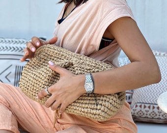 Handmade Raffia Bag, Evening Crochet Pouch Bag, Knitted Clutch Bag, Raffia Clutch