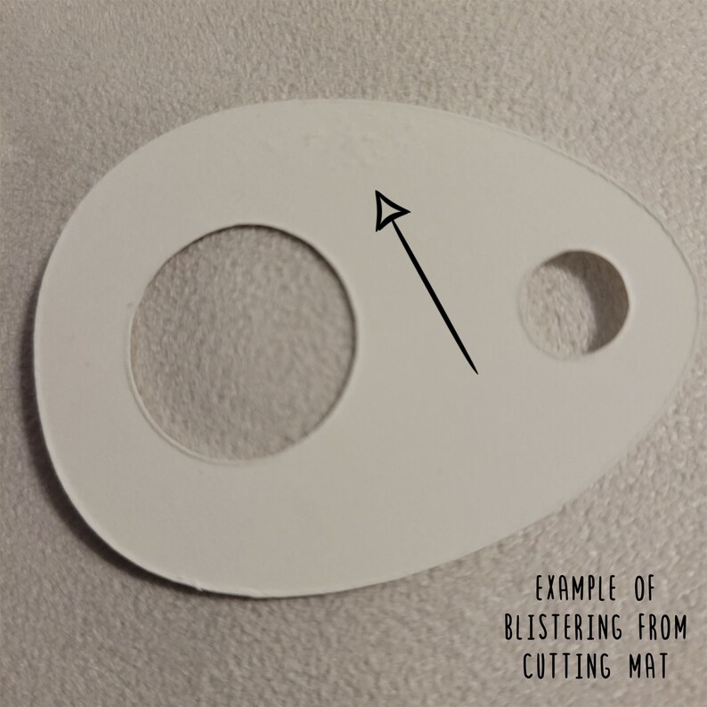 May include: A white, egg-shaped cutting mat with two circular cutouts and an arrow pointing to a small imperfection. The text "EXAMPLE OF BLISTERING FROM CUTTING MAT" is visible at the bottom of the image.