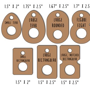 May include: A collection of brown wooden tags in various shapes, including tear, rounded, figure eight, and rectangular. Each tag has a hole and text indicating its shape and size in inches. The tags are arranged on a white background.