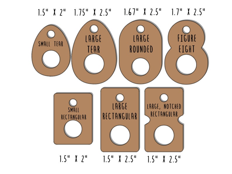 May include: A collection of brown wooden tags in various shapes, including tear, rounded, figure eight, and rectangular. Each tag has a hole and text indicating its shape and size in inches. The tags are arranged on a white background.