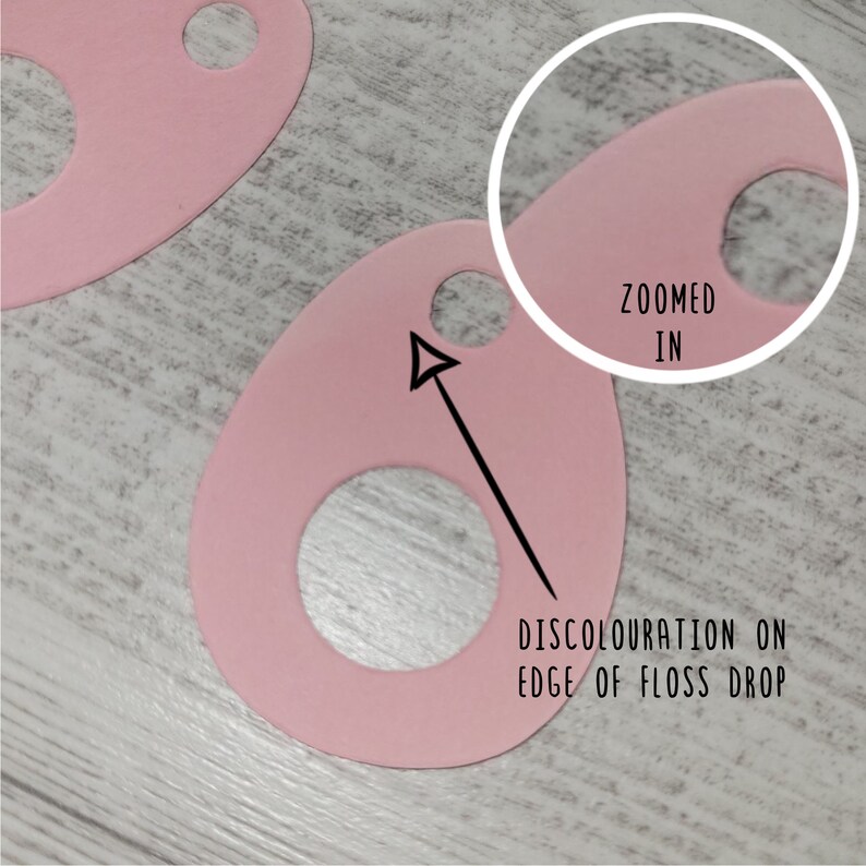 May include: Pale pink floss drops with circular and oval cutouts. The image includes a zoomed-in view and text indicating discoloration on the edge of the floss drop. The drops are designed for crafting and embroidery.
