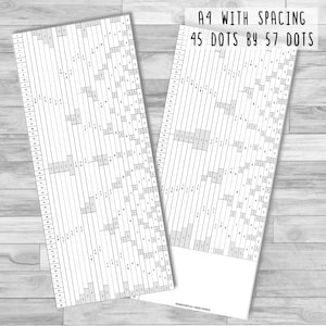 May include: A black and white printable grid with 45 dots by 57 dots. The grid is labelled "A4 with spacing 45 dots by 57 dots".  The grid is designed for use with a dot-to-dot drawing activity.