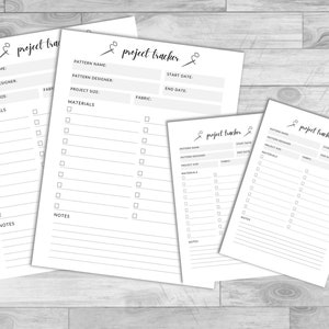 May include: Four printable project tracker pages with a needle and thread icon. Each page has sections for pattern name, designer, size, materials, fabric, start date, end date, and notes.