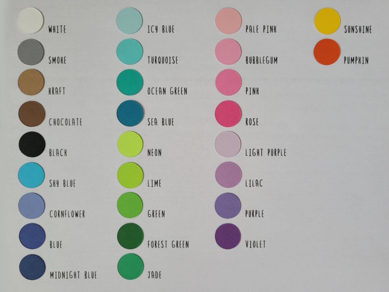 May include: A color chart featuring circular swatches in various hues, including white, black, blue, pink, and green. Each color is labeled with its name, such as "Sky Blue," "Rose," and "Sunshine." The chart is arranged on a white background.