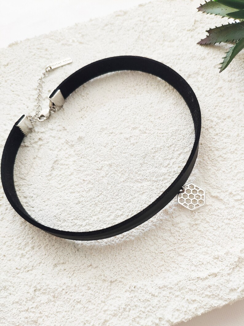 Black Faux Leather Choker Necklace With Gold Hexagon Pendant Etsy Israel