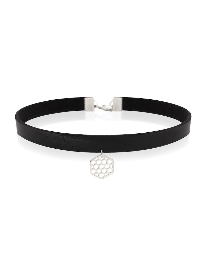 Black Faux Leather Choker Necklace With Gold Hexagon Pendant Etsy Israel