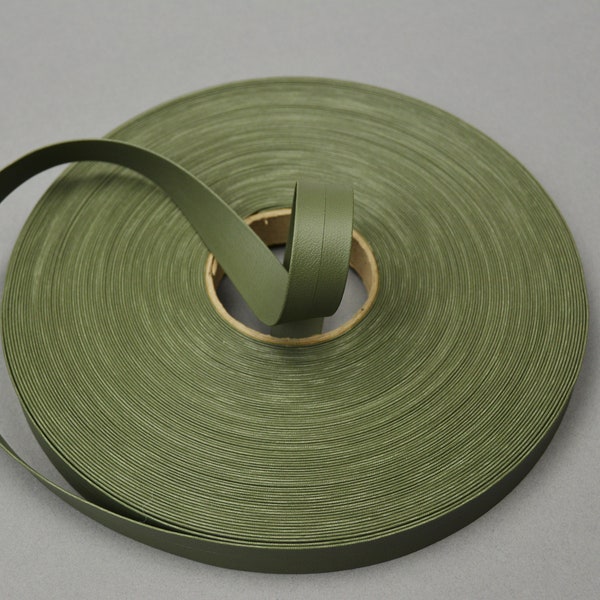Khaki Green 15mm Italian Faux Leather Flat Folded Ribbon Trimming Tape Strap Belt PU Vegan Fashion Textile Shoes Bags Accessories Cosplay