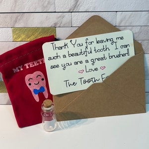 Bolsa y frasco para el Hada de los Dientes. Protección de dientes, bolsas personalizadas para el Hada de los Dientes, carta del Hada de los Dientes para niños.