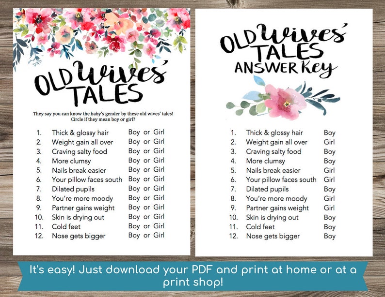 Old Wives Tale Game-old Wives Tale for Gender Reveal-printable | Etsy