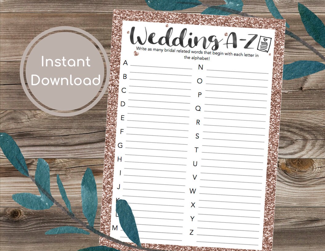 Wedding A to Z Game Wedding AZ Game Printable Bridal Shower Etsy
