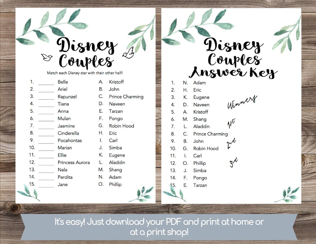 Match The Disney Couples Game Printable Bridal Shower Games | Etsy