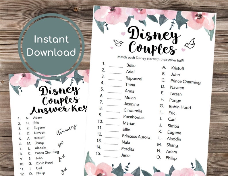 Match The Disney Couples Game Printable Bridal Shower Games Etsy