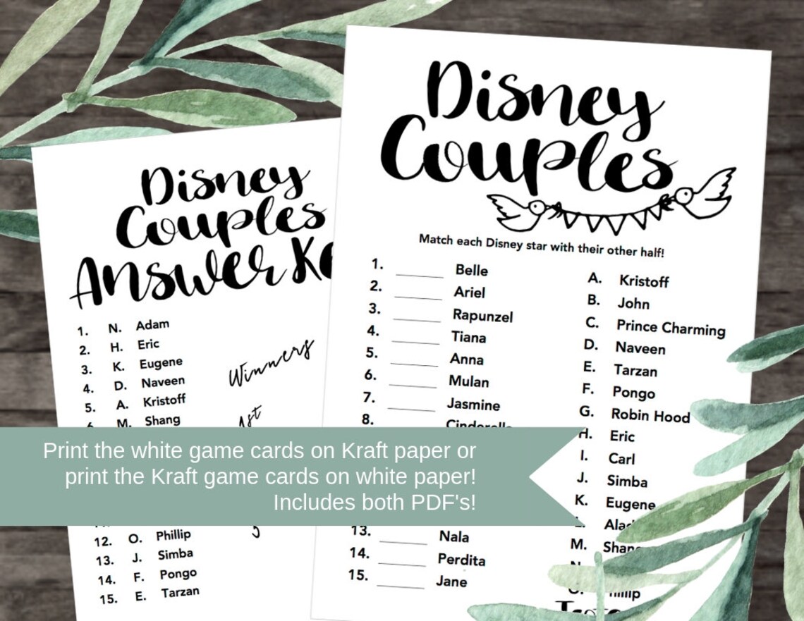 Match The Disney Couples Game Printable Bridal Shower Games | Etsy