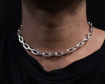 Large Chunky Choker Chain Silver Necklace for Men, Women, Rectangular Oval Links, Punk, Gothic, Rock n Roll Necklaces